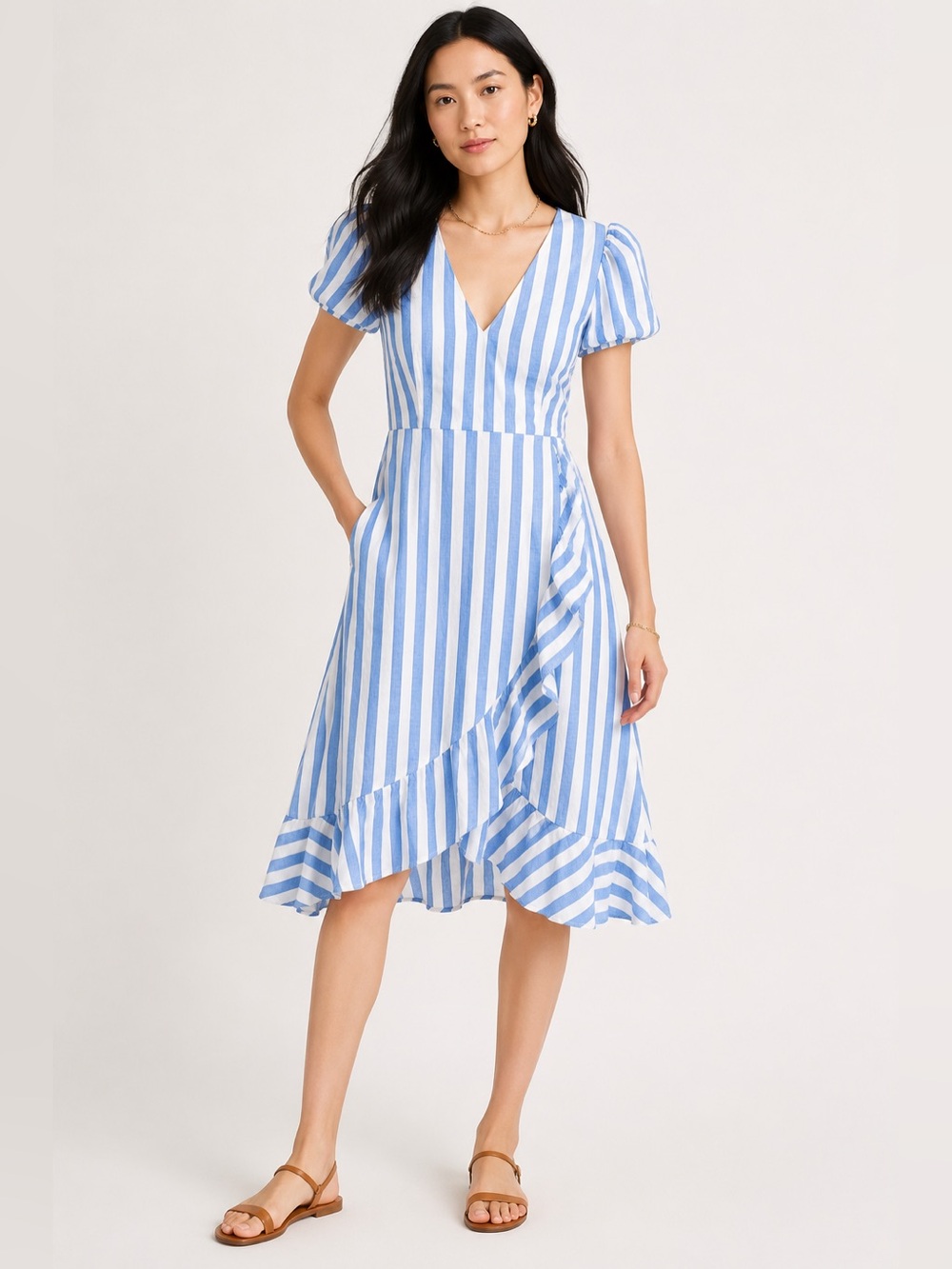 J.Crew Blue & White Stripe V-Neck Ruffle Hem Dress Size 6